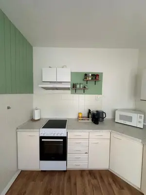a kitchen with white cabinets and a stove top oven at Toni's house in Bled