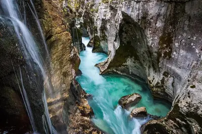 an aerial view of a waterfall and a river at Pri Drevoredu in Prvačina