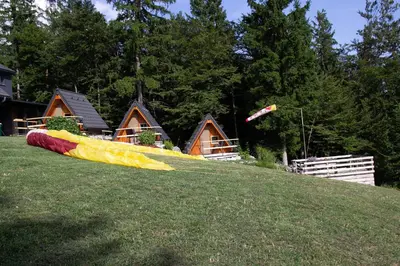 a kite is flying in the air over a field at AirWood Glamping in Križe