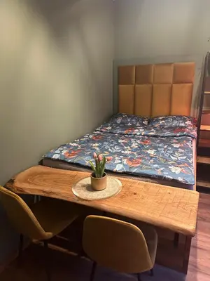 a table with a bed and a potted plant on it at My Star Apartment in Maribor