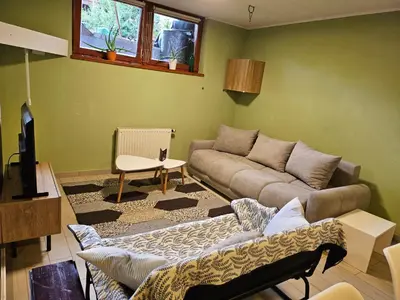 a living room with a couch and a tv at Radoslove Apt in Radovljica