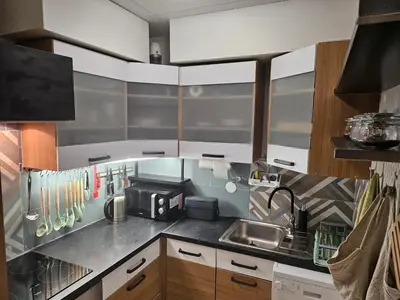 a kitchen with a sink and a counter at Radoslove Apt in Radovljica