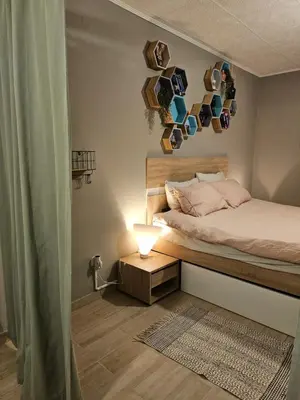 a bedroom with a bed with plates on the wall at Radoslove Apt in Radovljica