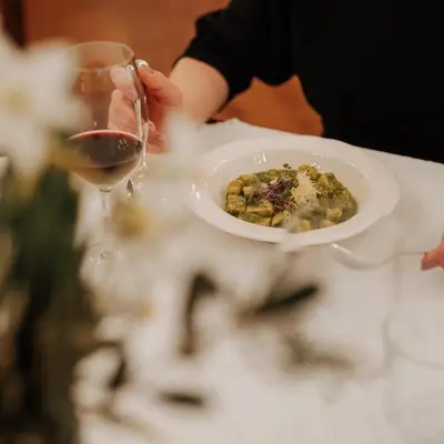 a person holding a plate of food and a glass of wine at Stara šola Kaval in Novo Mesto