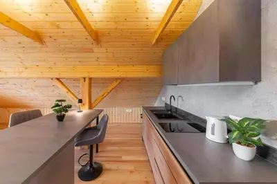 a kitchen with wooden ceilings and a wooden counter top at The Barn Košnik in Kranj