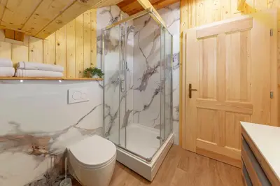 a bathroom with a shower and a toilet and a sink at The Barn Košnik in Kranj