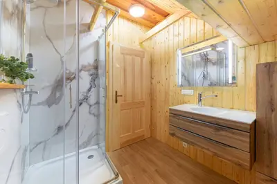 a bathroom with a shower and a tub and a sink at The Barn Košnik in Kranj