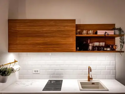 a kitchen with a sink and a counter top at Studio Lumee in Ljubljana