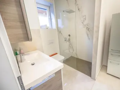 a bathroom with a sink and a shower at Eiprova by the river in Ljubljana