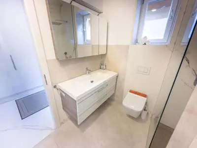 a bathroom with a sink and a toilet and a mirror at Eiprova by the river in Ljubljana