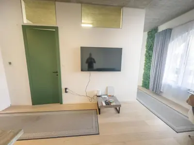a living room with a green door and a table at Eiprova by the river in Ljubljana