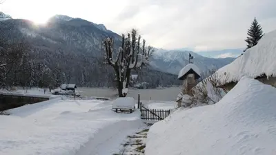 a yard covered in snow with a car parked in it at Apartment Zalokar in Bohinj