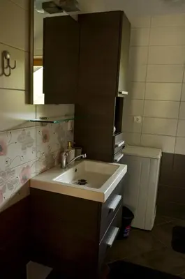 a bathroom with a sink and a mirror and a toilet at Koča v Lozah in Gornji Grad