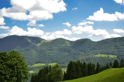 a view of a mountain range with green hills at Koča v Lozah in Gornji Grad