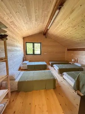 a room with four beds in a log cabin at Turistična kmetija Pod kostanji - FarmStay Pod kostanji in Motnik