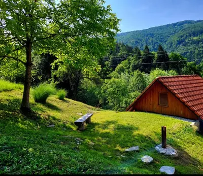 a bench sitting in the grass next to a barn at Bungalov Čuk in Most na Soči