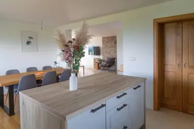 a vase of flowers on a counter in a room at Apartment9B with amazing view in Krško