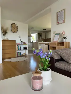 a living room with a vase of flowers on a table at Apartment9B with amazing view in Krško