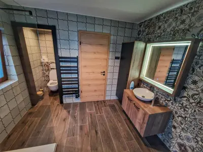 a bathroom with a sink and a toilet and a mirror at Alpine House Mina - Rooms & Apartments in Bled