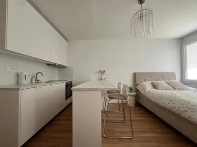 a bedroom with a bed and a kitchen with a counter at Designer City Oasis with Garden in Ljubljana