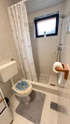 a bathroom with a toilet and a shower with a window at Room under Velika planina in Stahovica