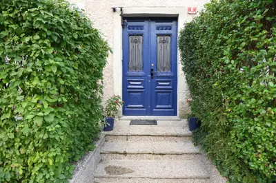 a blue door on a house with a stairway at Villa Volk in Ilirska Bistrica