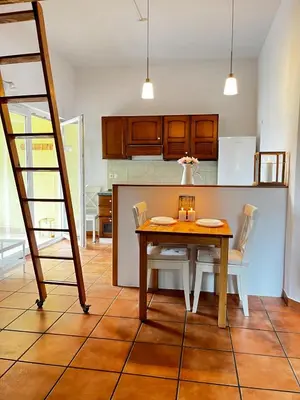 a kitchen with a table and chairs and a ladder at Nature and City Access - Perfect Base in Ljubljana in Ljubljana