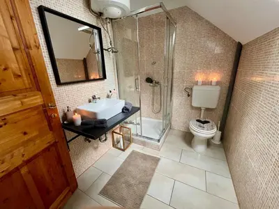 a bathroom with a sink and a shower and a toilet at Nature and City Access - Perfect Base in Ljubljana in Ljubljana