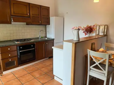 a kitchen with wooden cabinets and a white refrigerator at Nature and City Access - Perfect Base in Ljubljana in Ljubljana