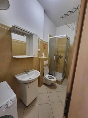a bathroom with a sink and a toilet and a shower at Studio AK in Žalec