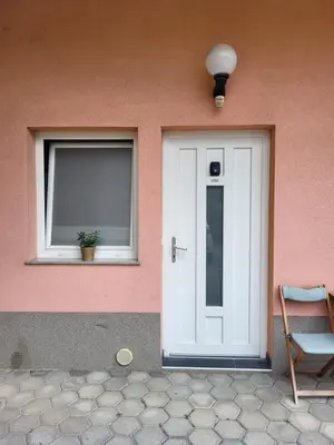 a pink house with a white door and a window at Studio AK in Žalec