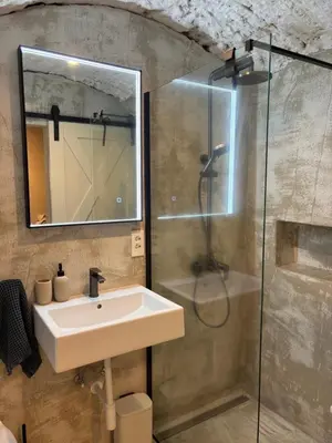 a bathroom with a sink and a shower at Vida's homes in Ljubljana
