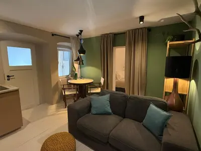 a living room with a couch and a table at Vida's homes in Ljubljana