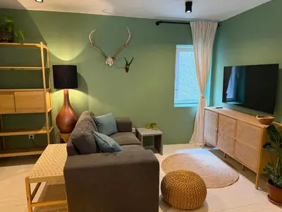 a living room with a couch and a flat screen tv at Vida's homes in Ljubljana