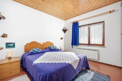 a bedroom with a purple bed and a wooden ceiling at Ranč Katja in Abdul in Materija