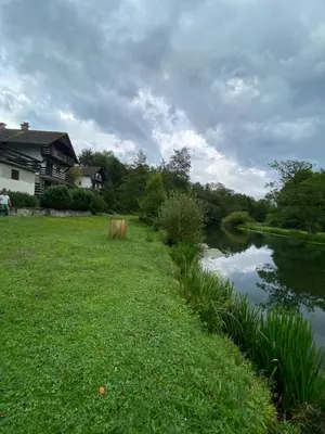 a yard with a pond in front of a house at Retreat House River Krka - Hiša oddiha reka Krka in Krka