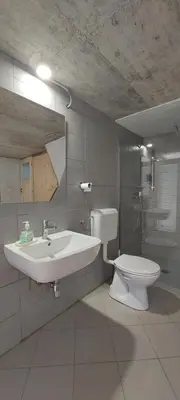 a bathroom with a sink and a toilet at Počitniška hiška v grapi in Tolmin