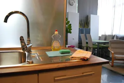 a kitchen counter with a sink and a bottle of oil at Apartment Center 25 in Ljubljana