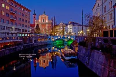 a bridge over a river in a city at night at Apartment Center 25 in Ljubljana