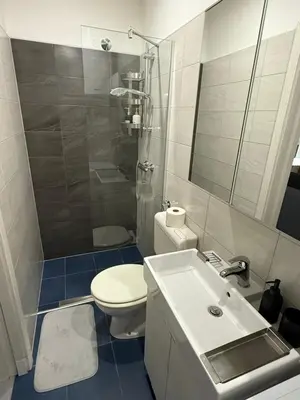 a bathroom with a toilet and a shower and a sink at House Mohar in Lokev