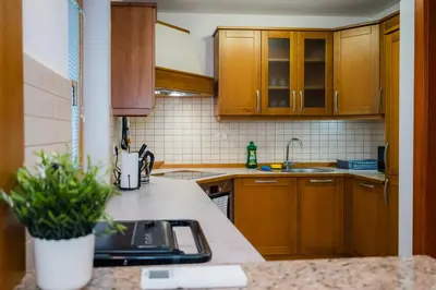 a kitchen with wooden cabinets and a counter top at Spacious Apartment Senozece - with terrace & grill in Senožeče