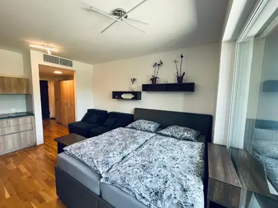 a bedroom with a bed and a couch at Vitan Apartment in Bled