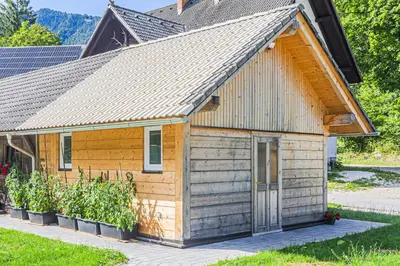 a small wooden shed with a metal roof at Glamping Radovna pr' Klemenak in Zgornje Gorje