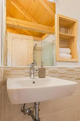 a bathroom with a white sink and a mirror at Glamping Radovna pr' Klemenak in Zgornje Gorje
