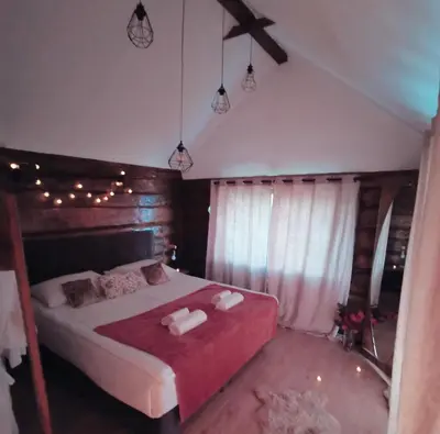 a bedroom with a large bed in a room with lights at Casa33 in Dobrovnik