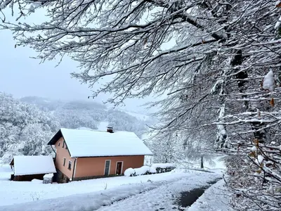 a house covered in snow next to a road at ART Nature Retreat in Gorica pri Slivnici