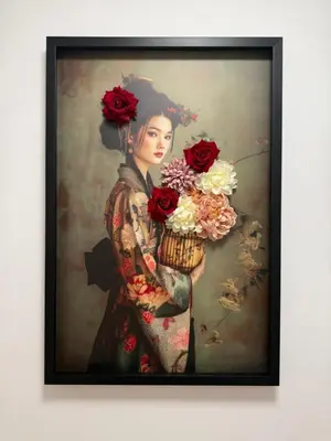 a painting of a woman holding a basket of flowers at ART Nature Retreat in Gorica pri Slivnici