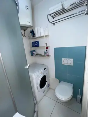 a bathroom with a toilet and a washing machine at CC Vič in Ljubljana