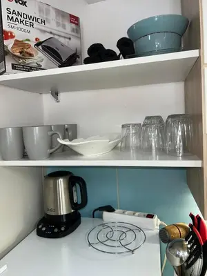 a kitchen with a stove and some dishes on shelves at CC Vič in Ljubljana