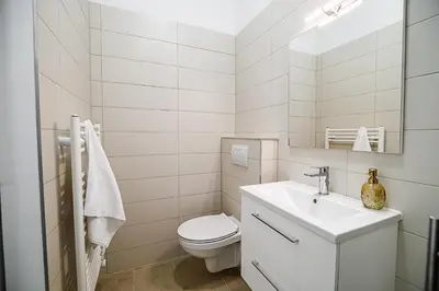 a white bathroom with a toilet and a sink at Comfort Rooms Obrežje by Highway, Free Covered Parking in Jesenice na Dolenjskem